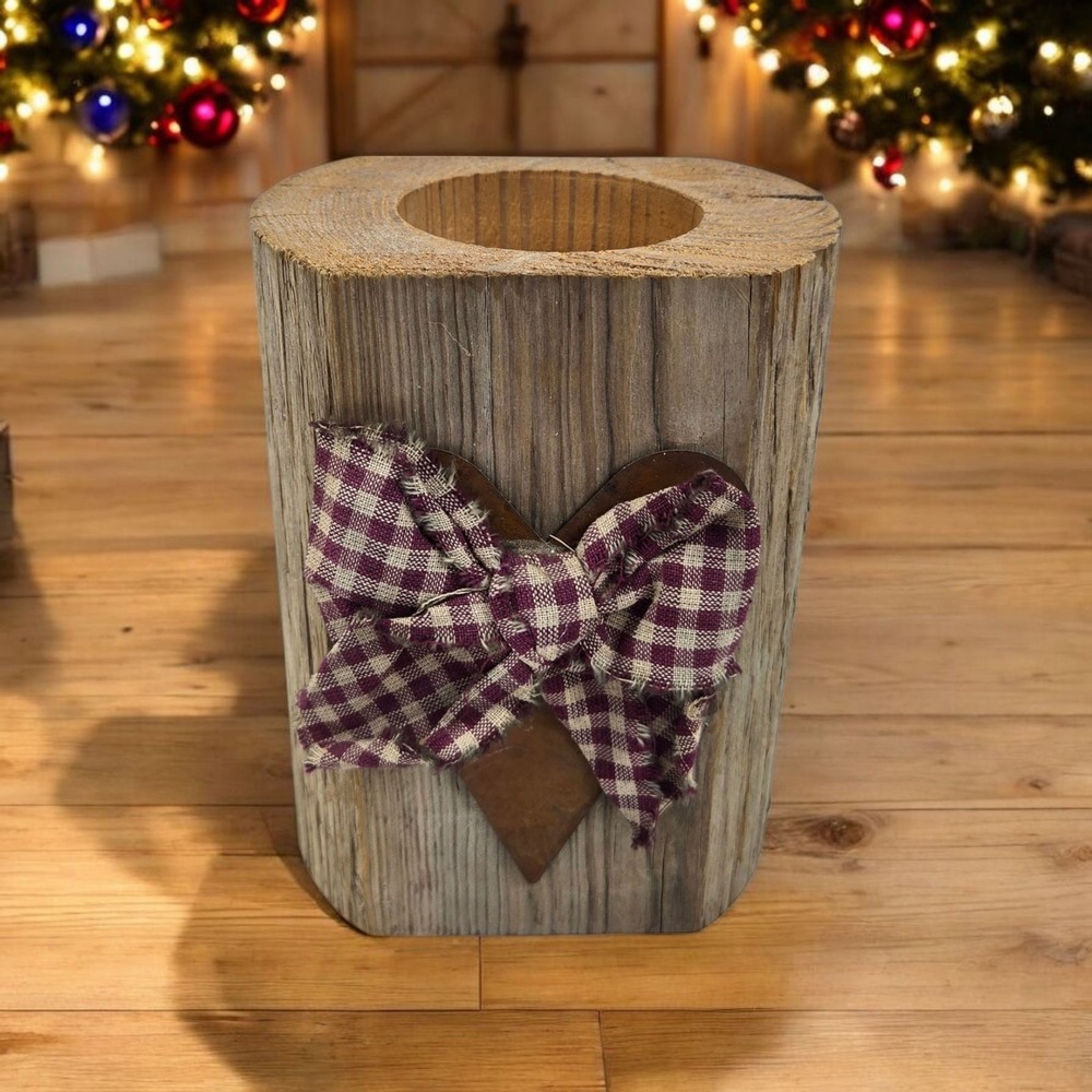 Vintage Wicks n More Rustic Wooden Post Votive Candle Holder w Metal Heart & Bow